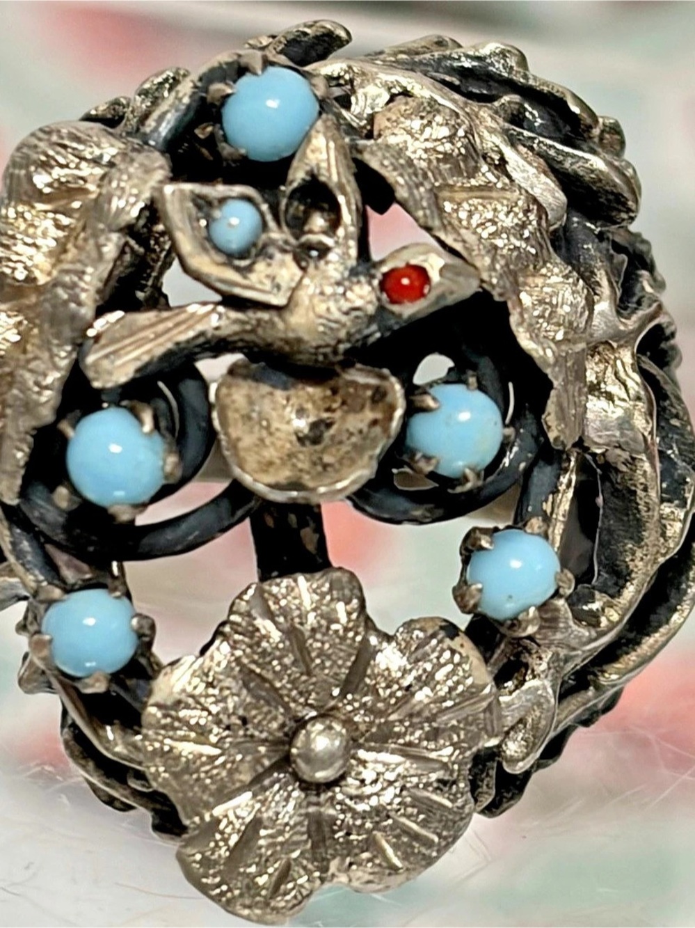 Victorian sterling silver turquoise hummingbird 6.5 ring